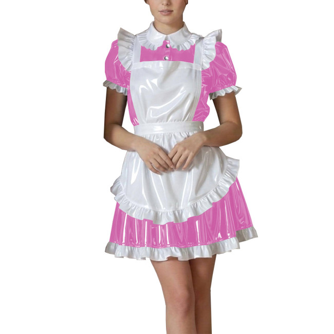 Shiny Maid PVC Leather Halloween Dress with Cute Ruffle Apron Fetish Mini Dress Vinyl French Maid Cosplay A-Line Cocktail Lolita