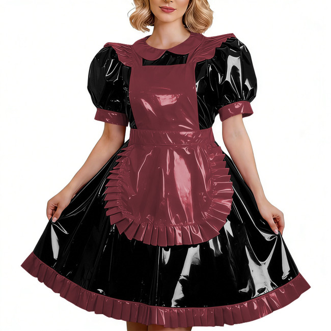 Elegant Glossy PVC Leather French Maid Dress Outfits Puff Short Sleeve Ruffles Midi Dress with Apron Halloween Cosplay Uniforms