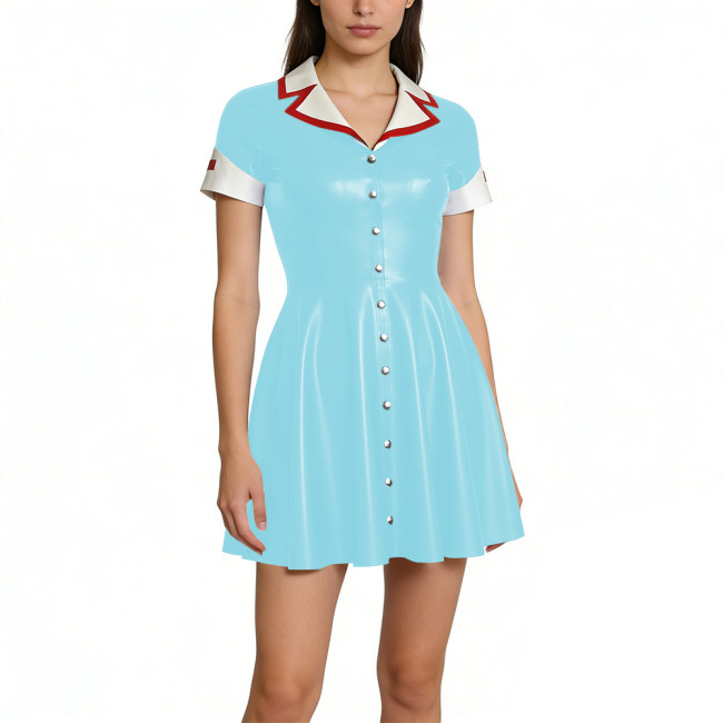 Gothic Themed Party Mini Nurse Dress Glossy PVC Leather Short Sleeve A-line Dress with Contrast Collar Halloween Party Outfits