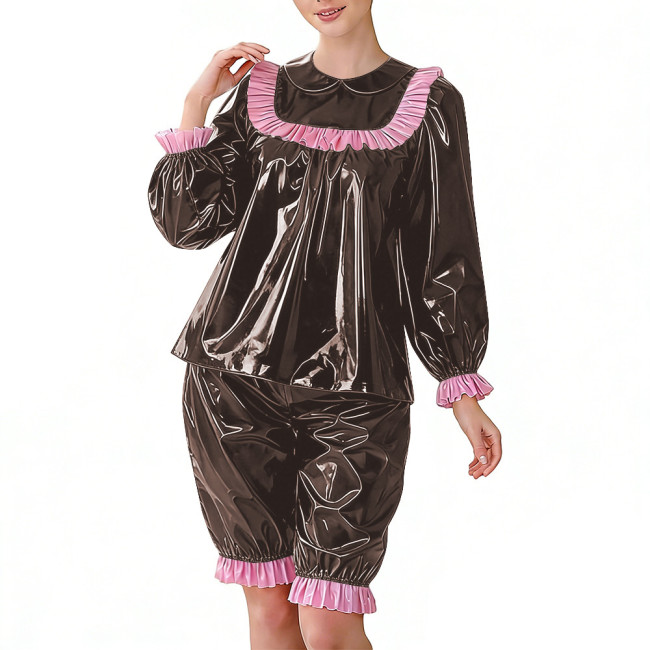 Sweet Glossy PVC Two Piece Set for Women Puff Long Sleeve Ruffle Collar Blouse and Bloomers Pant Lockable Wet Look Lolita Outfit