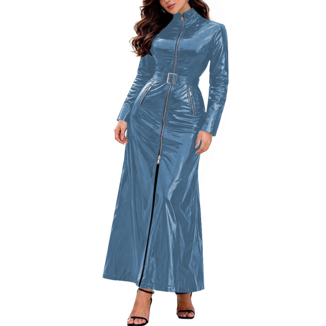Long Sleeve Front Zip Long Trench Dress with Belt Womens Vinyl PVC Leather High Neck Dresses Chic Club Outfit Party Evening Gown