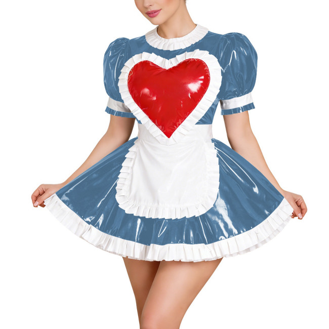 Sissy Sweet Maid Cosplay Costume Puff Sleeve Red Heart Mini Dress with Apron Wet Look Maid Dress Outfit Halloween Party Uniforms