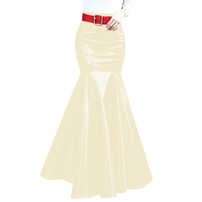 Womens Shiny PVC Mermaid Maxi Skirt Fashion High Waist Bodycon Flared Hem Skirt Wet Look Sheath Long Ruffles Skirts Clubwear