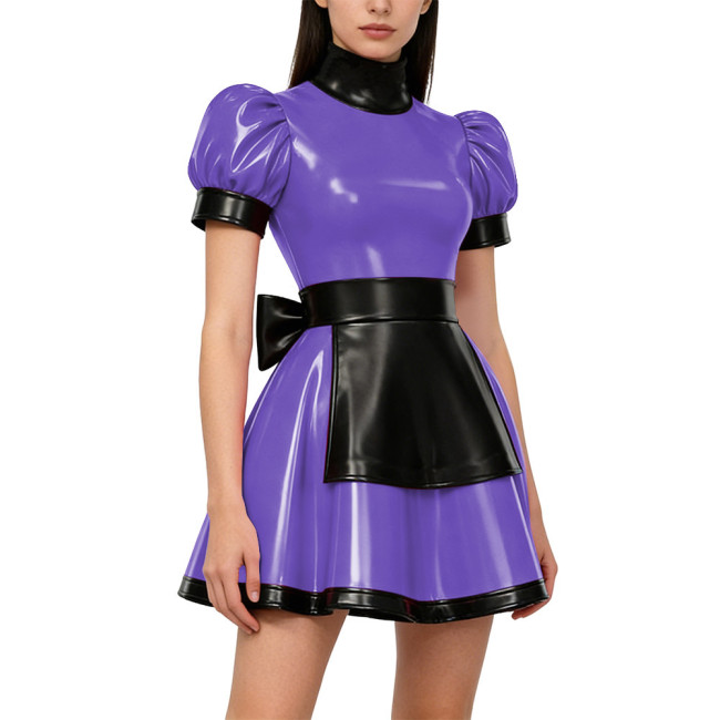Gothic Lolita Lockable Maid Uniforms PVC Shiny High Neck Puff Sleeve Apron Mini Maid Dress Carnival Party Role Play Maid Outfits