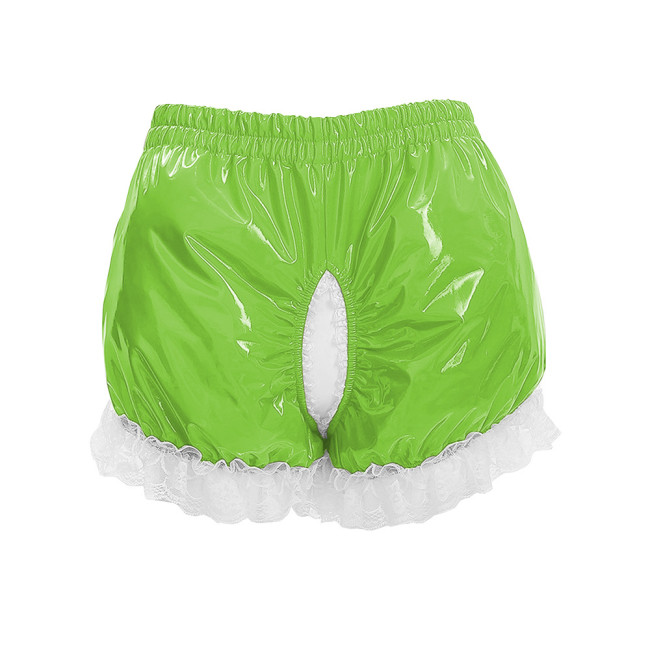 Halloween Knicker Lace Trim Shiny PVC Wetlook Open Crotch Cosplay Briefs Costume High Waist Party Ruffled Clubwear Crossdresser