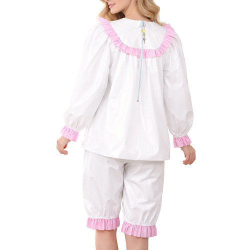 Sweet Glossy PVC Two Piece Set for Women Puff Long Sleeve Ruffle Collar Blouse and Bloomers Pant Lockable Wet Look Lolita Outfit