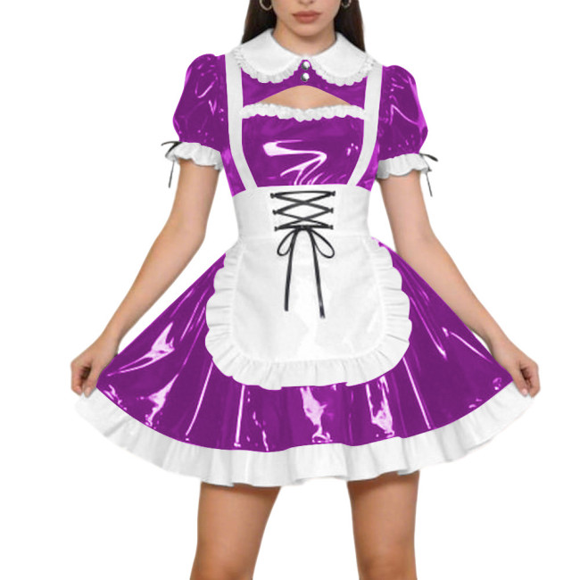 Halloween Party PVC Shiny Maid Costume Dress Sissy Preppy Style Puff Sleeve Mini Dress with Lace-Up Apron Lolita Cosplay Outfit
