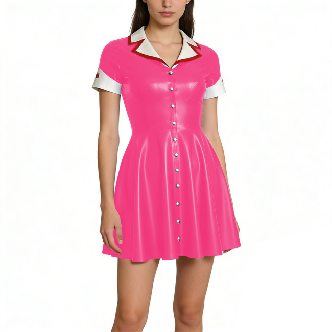 Gothic Themed Party Mini Nurse Dress Glossy PVC Leather Short Sleeve A-line Dress with Contrast Collar Halloween Party Outfits