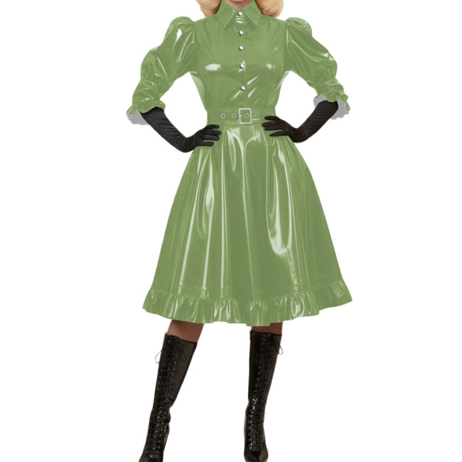 Wetlook Glossy PVC A-Line Party Dress Vintage Puff Sleeve Club Crossdressing Ruffle Trim Midi Dress Adult Sexy Cosplay Costume