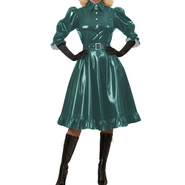 Wetlook Glossy PVC A-Line Party Dress Vintage Puff Sleeve Club Crossdressing Ruffle Trim Midi Dress Adult Sexy Cosplay Costume