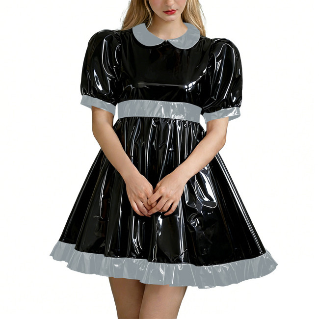 Sweet Glossy Lockable Babydoll Dress Peter Pan Collar Puff Sleeve A-line Mini Dress with Back Bow Sissy PVC Shiny Lolita Dresses
