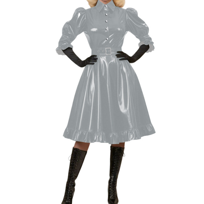 Wetlook Glossy PVC A-Line Party Dress Vintage Puff Sleeve Club Crossdressing Ruffle Trim Midi Dress Adult Sexy Cosplay Costume