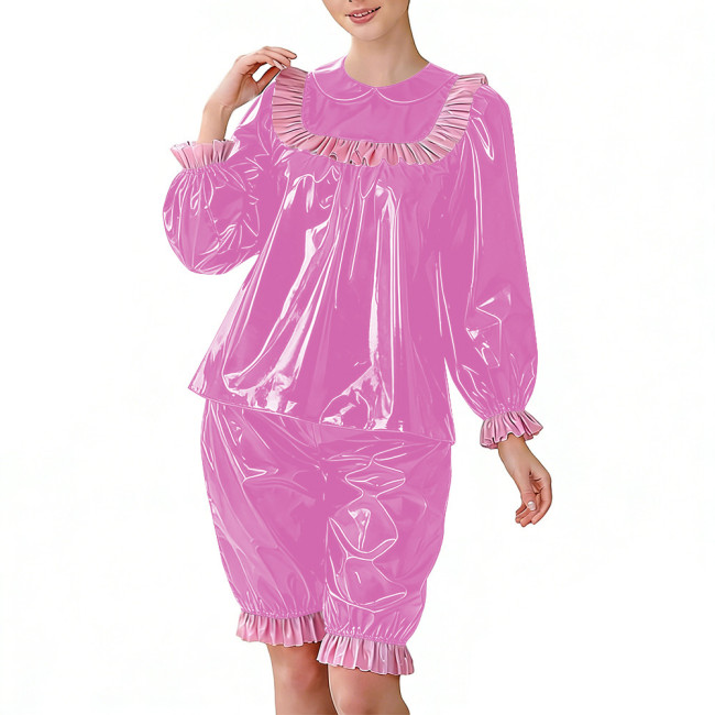 Sweet Glossy PVC Two Piece Set for Women Puff Long Sleeve Ruffle Collar Blouse and Bloomers Pant Lockable Wet Look Lolita Outfit
