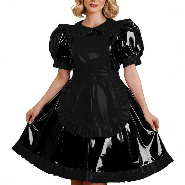 Elegant Glossy PVC Leather French Maid Dress Outfits Puff Short Sleeve Ruffles Midi Dress with Apron Halloween Cosplay Uniforms