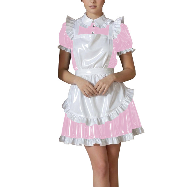 Shiny Maid PVC Leather Halloween Dress with Cute Ruffle Apron Fetish Mini Dress Vinyl French Maid Cosplay A-Line Cocktail Lolita