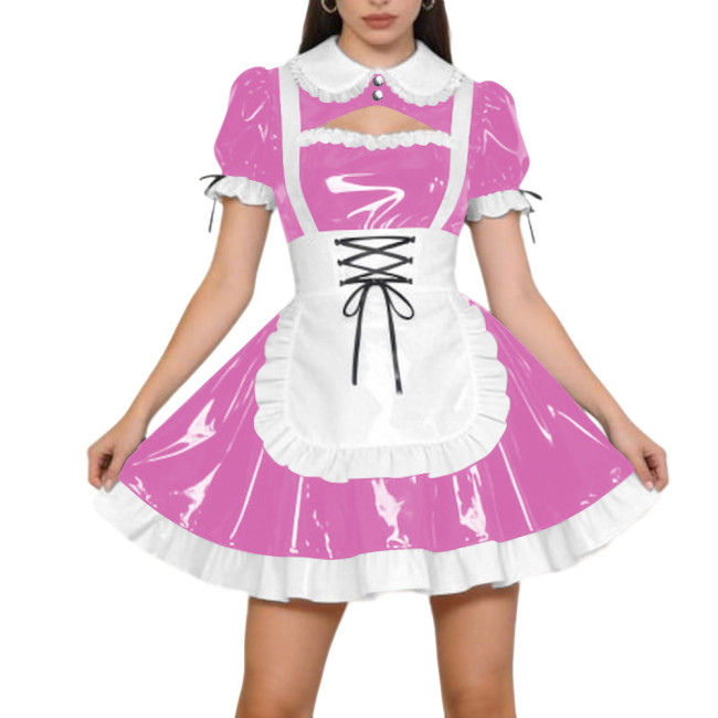 Halloween Party PVC Shiny Maid Costume Dress Sissy Preppy Style Puff Sleeve Mini Dress with Lace-Up Apron Lolita Cosplay Outfit