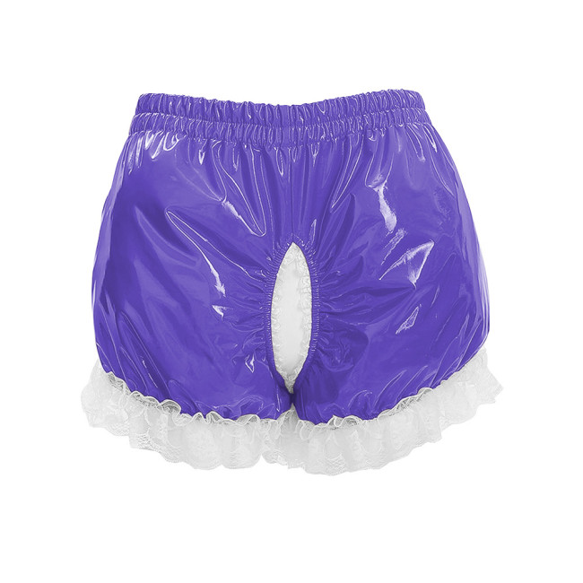 Halloween Knicker Lace Trim Shiny PVC Wetlook Open Crotch Cosplay Briefs Costume High Waist Party Ruffled Clubwear Crossdresser