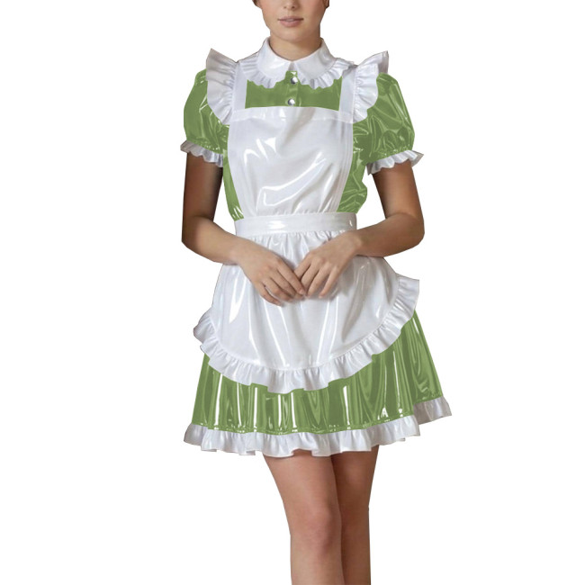 Shiny Maid PVC Leather Halloween Dress with Cute Ruffle Apron Fetish Mini Dress Vinyl French Maid Cosplay A-Line Cocktail Lolita