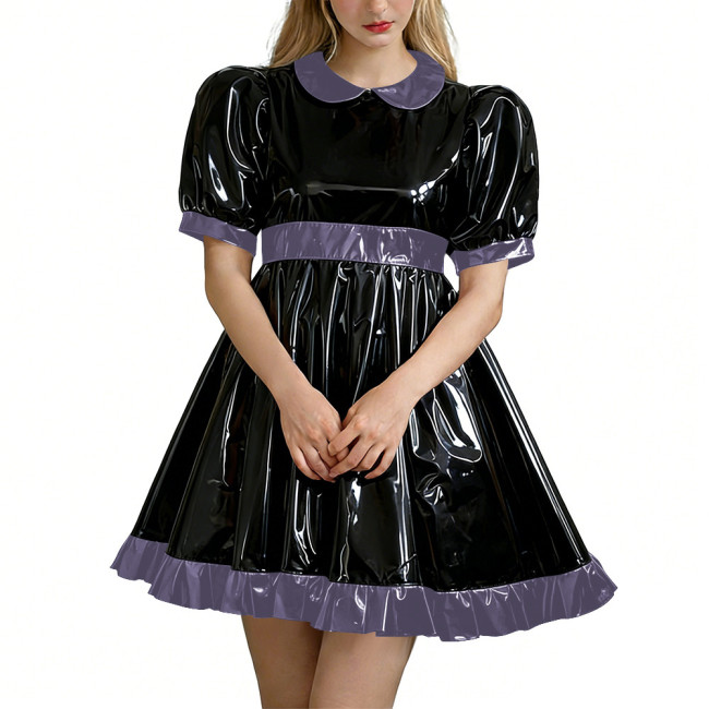 Sweet Glossy Lockable Babydoll Dress Peter Pan Collar Puff Sleeve A-line Mini Dress with Back Bow Sissy PVC Shiny Lolita Dresses