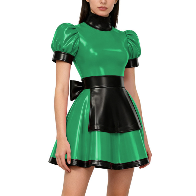 Gothic Lolita Lockable Maid Uniforms PVC Shiny High Neck Puff Sleeve Apron Mini Maid Dress Carnival Party Role Play Maid Outfits