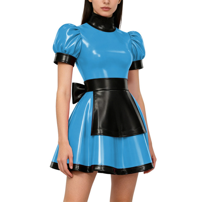 Gothic Lolita Lockable Maid Uniforms PVC Shiny High Neck Puff Sleeve Apron Mini Maid Dress Carnival Party Role Play Maid Outfits