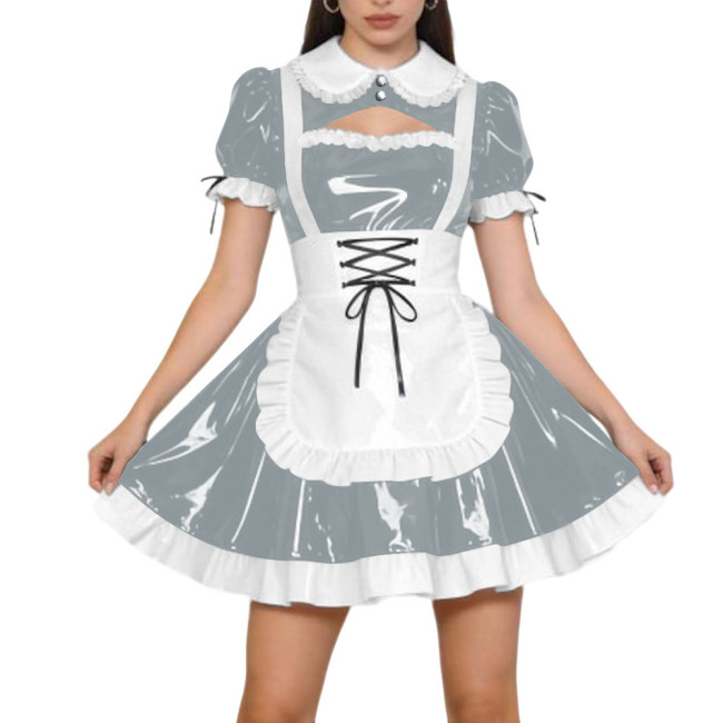 Halloween Party PVC Shiny Maid Costume Dress Sissy Preppy Style Puff Sleeve Mini Dress with Lace-Up Apron Lolita Cosplay Outfit