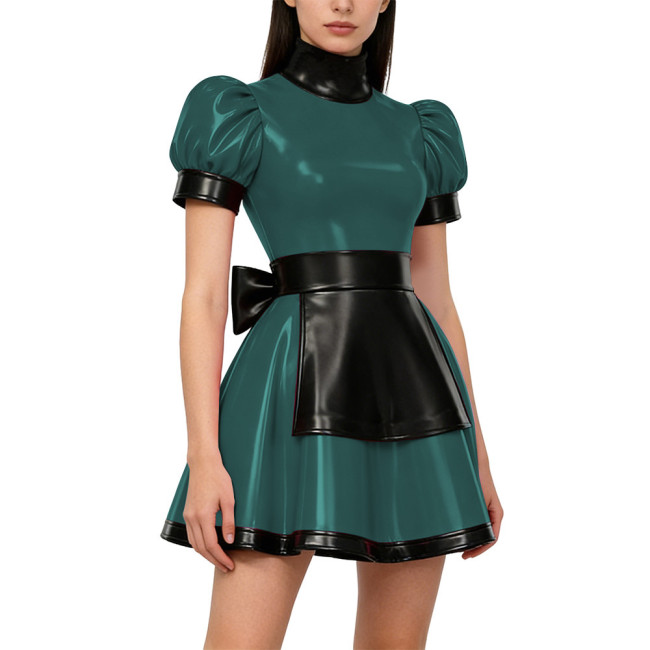 Gothic Lolita Lockable Maid Uniforms PVC Shiny High Neck Puff Sleeve Apron Mini Maid Dress Carnival Party Role Play Maid Outfits