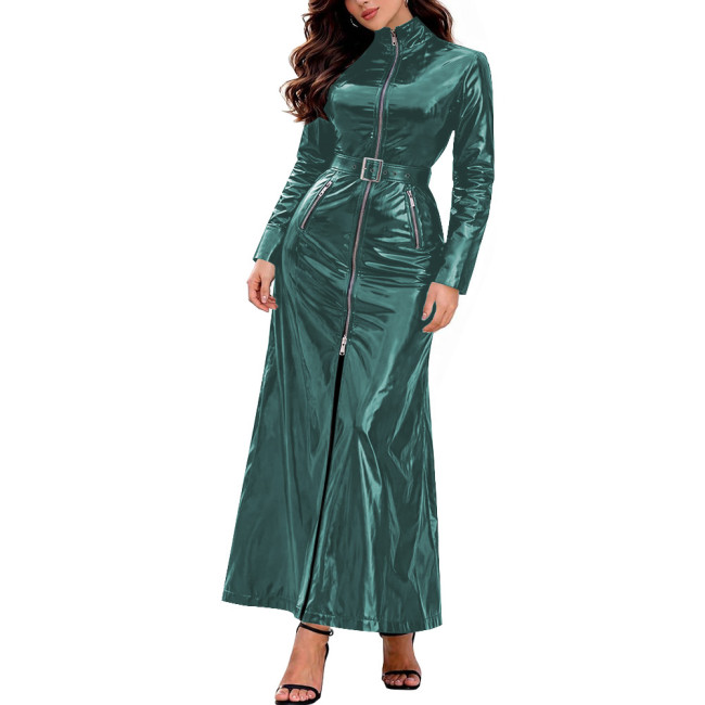 Long Sleeve Front Zip Long Trench Dress with Belt Womens Vinyl PVC Leather High Neck Dresses Chic Club Outfit Party Evening Gown