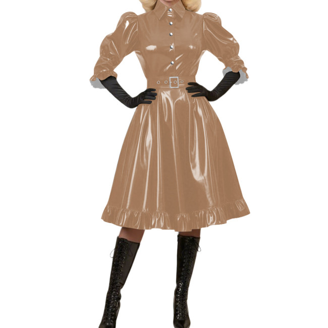 Wetlook Glossy PVC A-Line Party Dress Vintage Puff Sleeve Club Crossdressing Ruffle Trim Midi Dress Adult Sexy Cosplay Costume