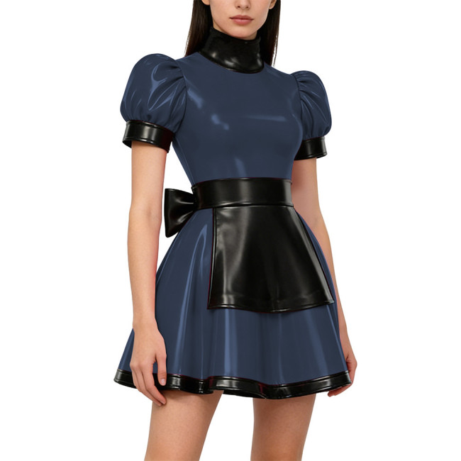 Gothic Lolita Lockable Maid Uniforms PVC Shiny High Neck Puff Sleeve Apron Mini Maid Dress Carnival Party Role Play Maid Outfits