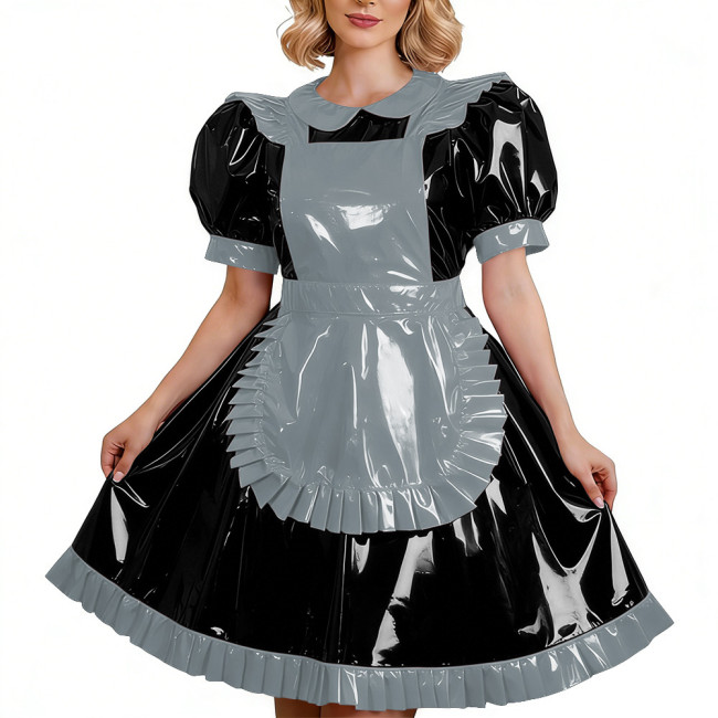 Elegant Glossy PVC Leather French Maid Dress Outfits Puff Short Sleeve Ruffles Midi Dress with Apron Halloween Cosplay Uniforms