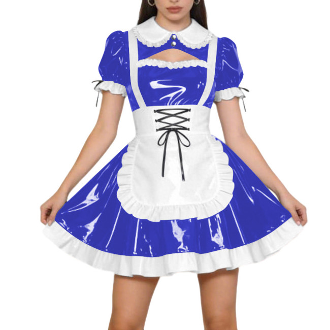 Halloween Party PVC Shiny Maid Costume Dress Sissy Preppy Style Puff Sleeve Mini Dress with Lace-Up Apron Lolita Cosplay Outfit