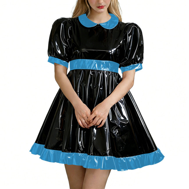 Sweet Glossy Lockable Babydoll Dress Peter Pan Collar Puff Sleeve A-line Mini Dress with Back Bow Sissy PVC Shiny Lolita Dresses