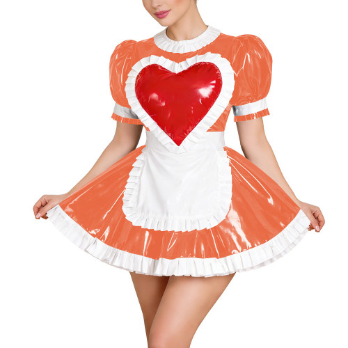 Sissy Sweet Maid Cosplay Costume Puff Sleeve Red Heart Mini Dress with Apron Wet Look Maid Dress Outfit Halloween Party Uniforms