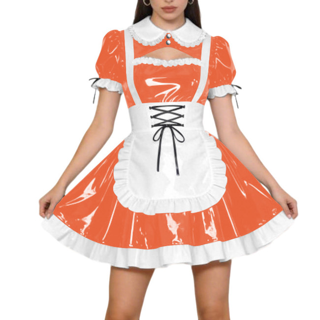 Halloween Party PVC Shiny Maid Costume Dress Sissy Preppy Style Puff Sleeve Mini Dress with Lace-Up Apron Lolita Cosplay Outfit