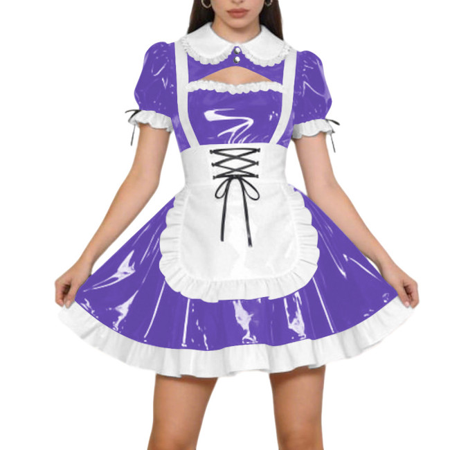 Halloween Party PVC Shiny Maid Costume Dress Sissy Preppy Style Puff Sleeve Mini Dress with Lace-Up Apron Lolita Cosplay Outfit