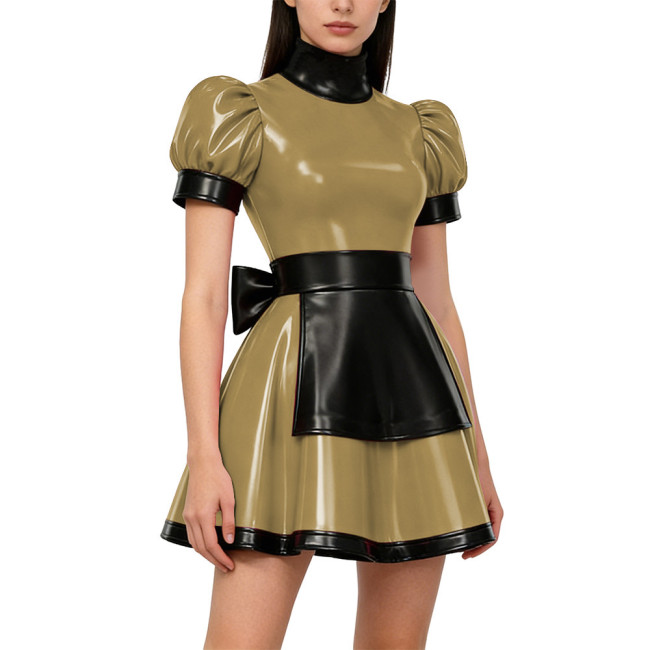 Gothic Lolita Lockable Maid Uniforms PVC Shiny High Neck Puff Sleeve Apron Mini Maid Dress Carnival Party Role Play Maid Outfits