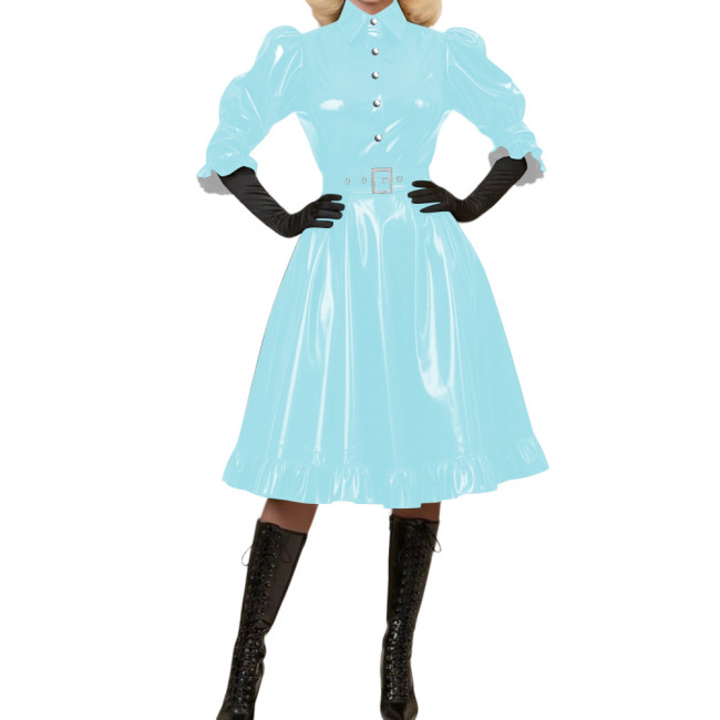 Wetlook Glossy PVC A-Line Party Dress Vintage Puff Sleeve Club Crossdressing Ruffle Trim Midi Dress Adult Sexy Cosplay Costume
