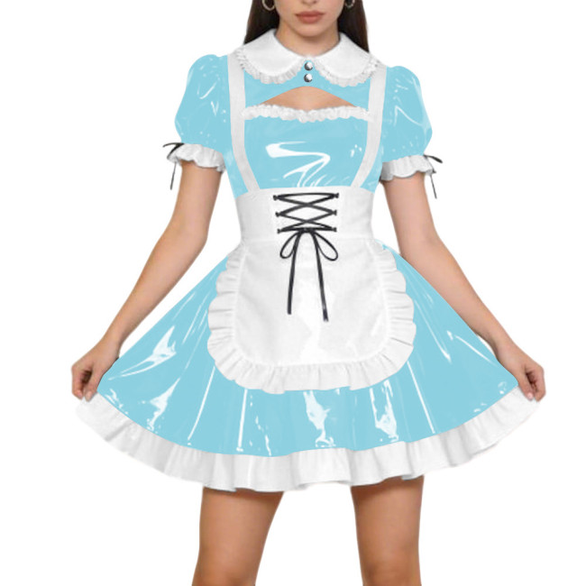 Halloween Party PVC Shiny Maid Costume Dress Sissy Preppy Style Puff Sleeve Mini Dress with Lace-Up Apron Lolita Cosplay Outfit