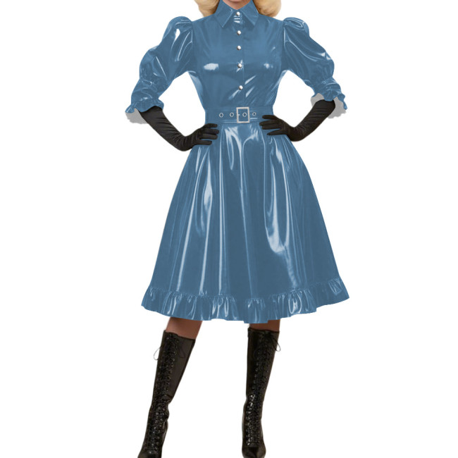 Wetlook Glossy PVC A-Line Party Dress Vintage Puff Sleeve Club Crossdressing Ruffle Trim Midi Dress Adult Sexy Cosplay Costume