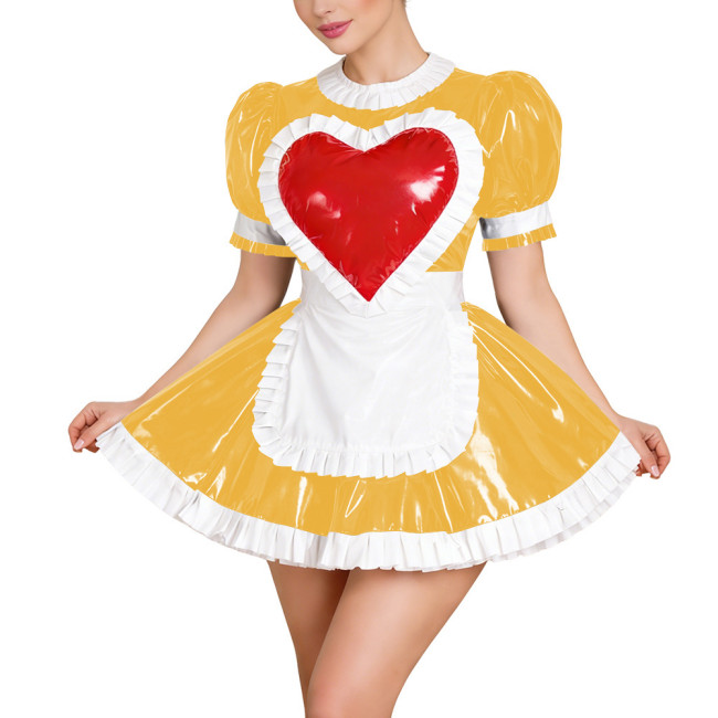 Sissy Sweet Maid Cosplay Costume Puff Sleeve Red Heart Mini Dress with Apron Wet Look Maid Dress Outfit Halloween Party Uniforms