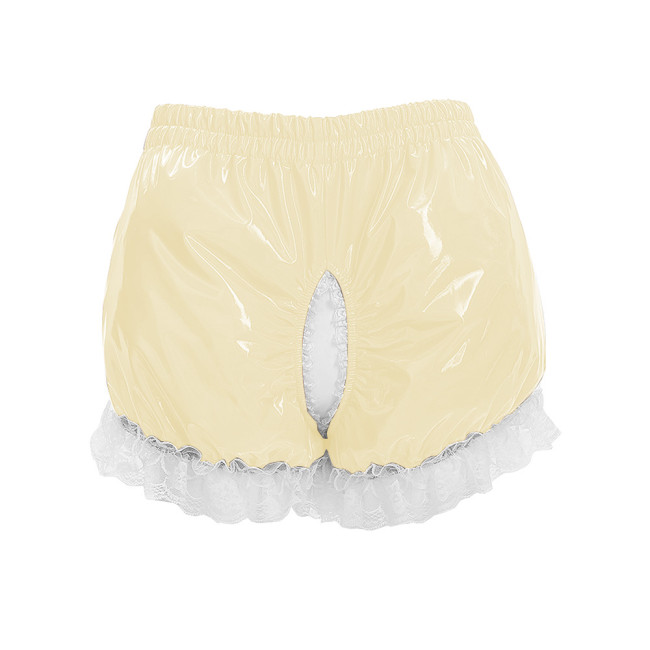 Halloween Knicker Lace Trim Shiny PVC Wetlook Open Crotch Cosplay Briefs Costume High Waist Party Ruffled Clubwear Crossdresser