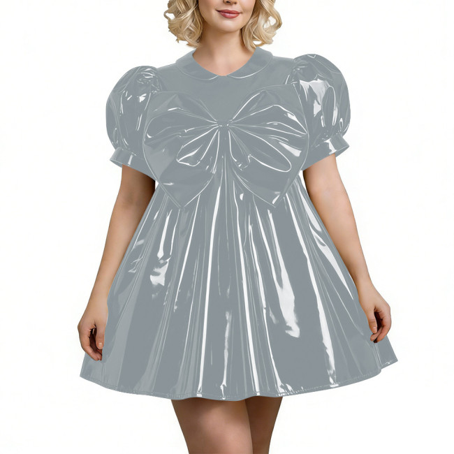 Sweet PVC Shiny Mini Babydoll Dress Sissy Puff Sleeve Peter Pan Collar Dress with Oversized Bow Wet Look Lolita Party Outfit 7XL