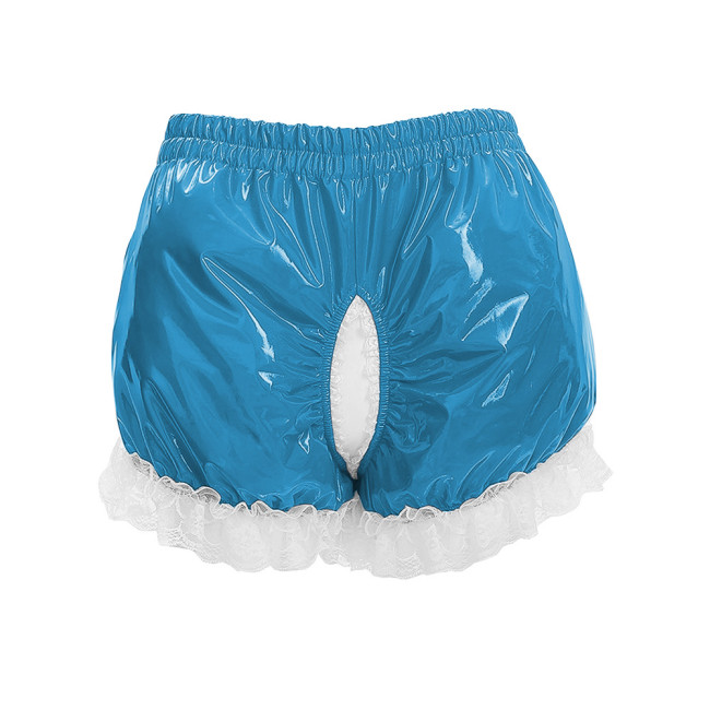 Halloween Knicker Lace Trim Shiny PVC Wetlook Open Crotch Cosplay Briefs Costume High Waist Party Ruffled Clubwear Crossdresser