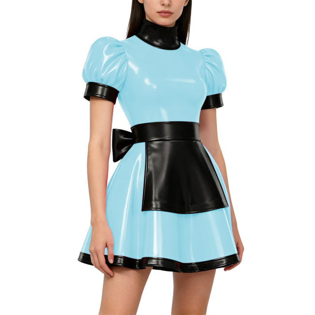 Gothic Lolita Lockable Maid Uniforms PVC Shiny High Neck Puff Sleeve Apron Mini Maid Dress Carnival Party Role Play Maid Outfits