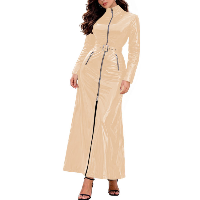 Long Sleeve Front Zip Long Trench Dress with Belt Womens Vinyl PVC Leather High Neck Dresses Chic Club Outfit Party Evening Gown