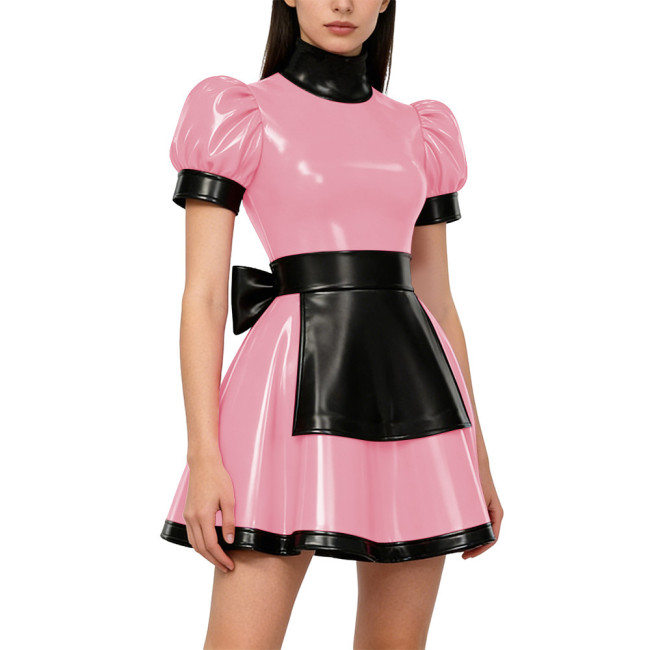 Gothic Lolita Lockable Maid Uniforms PVC Shiny High Neck Puff Sleeve Apron Mini Maid Dress Carnival Party Role Play Maid Outfits