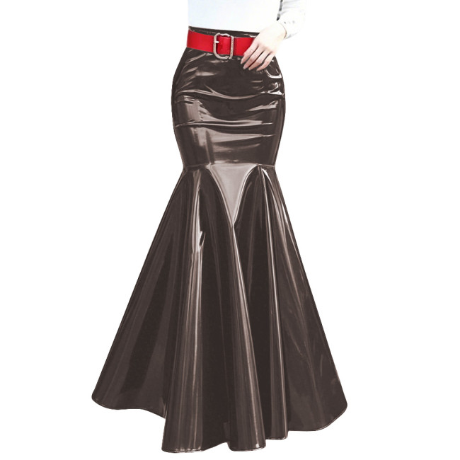 Womens Shiny PVC Mermaid Maxi Skirt Fashion High Waist Bodycon Flared Hem Skirt Wet Look Sheath Long Ruffles Skirts Clubwear