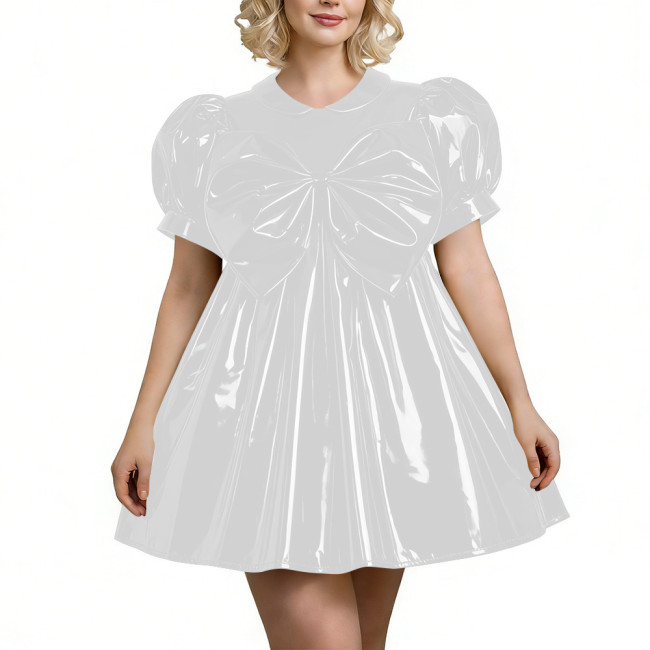 Sweet PVC Shiny Mini Babydoll Dress Sissy Puff Sleeve Peter Pan Collar Dress with Oversized Bow Wet Look Lolita Party Outfit 7XL