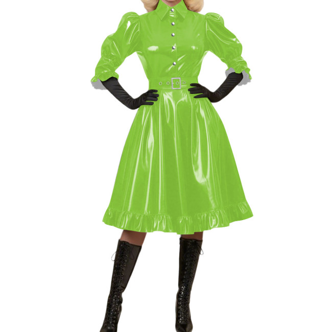 Wetlook Glossy PVC A-Line Party Dress Vintage Puff Sleeve Club Crossdressing Ruffle Trim Midi Dress Adult Sexy Cosplay Costume